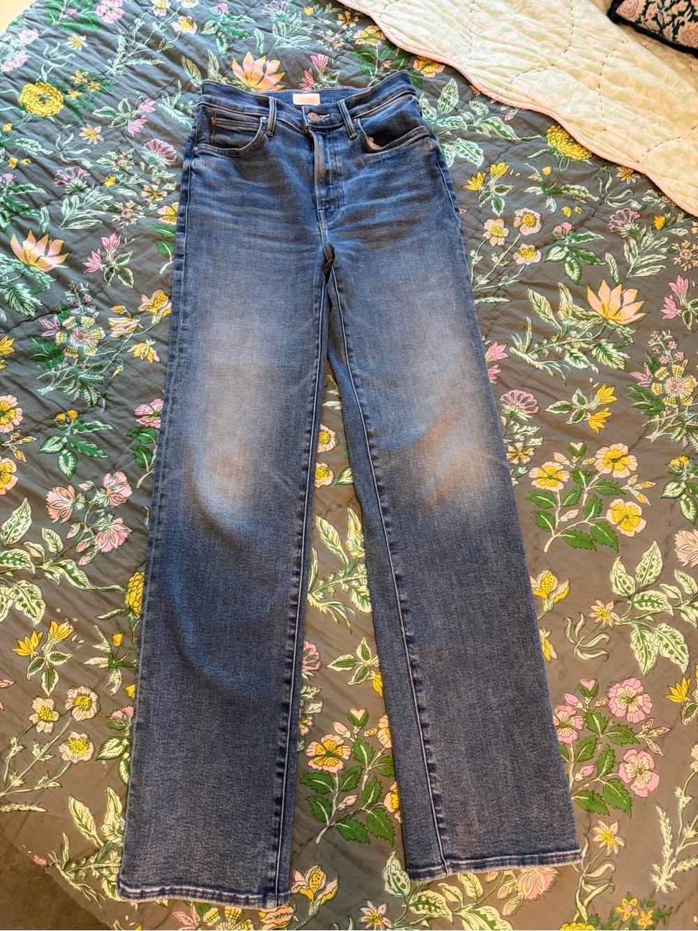 MOTHER Straight Leg Jeans in Medium Blue Denim